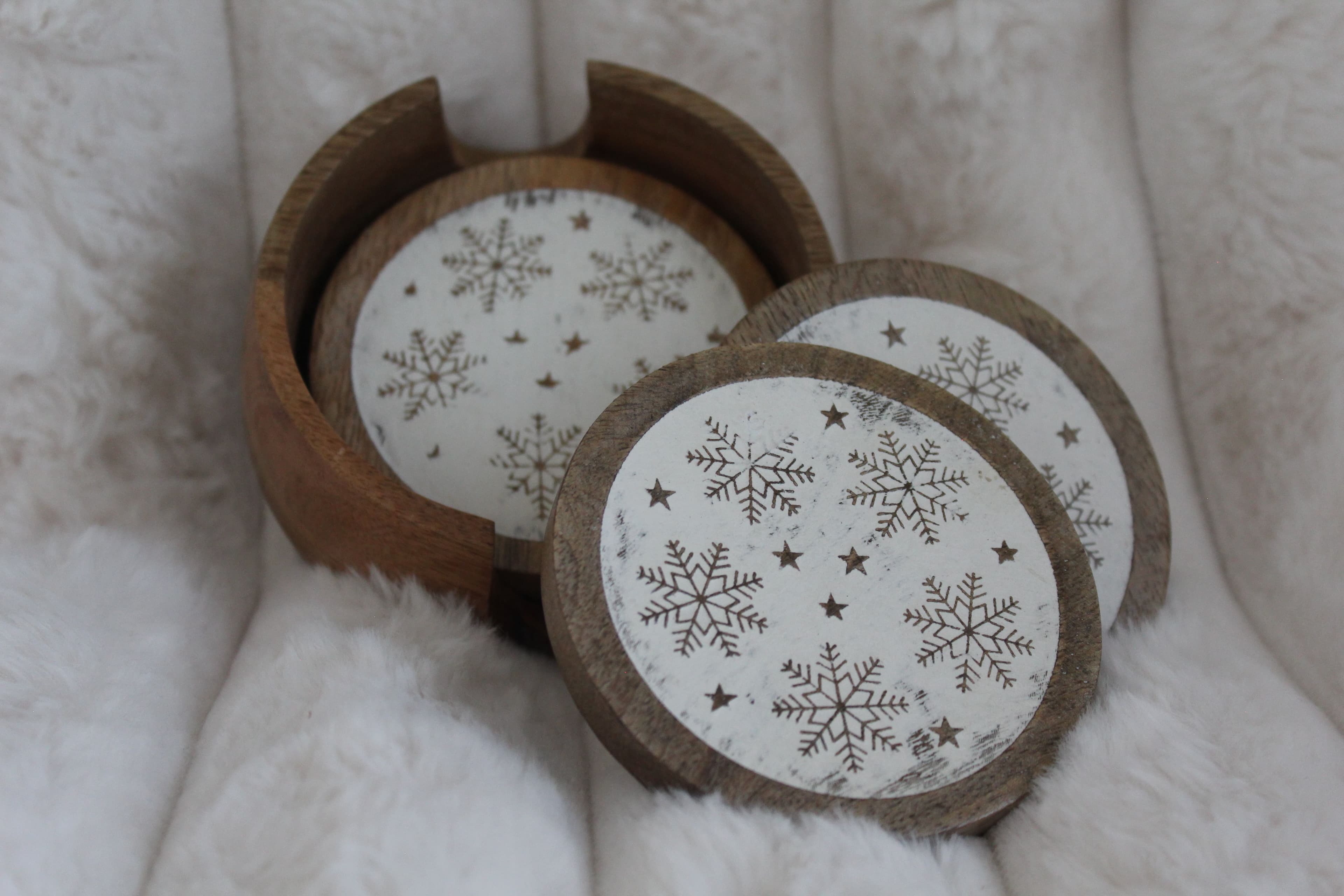 Rustic Wooden Snowflake Coaster Set